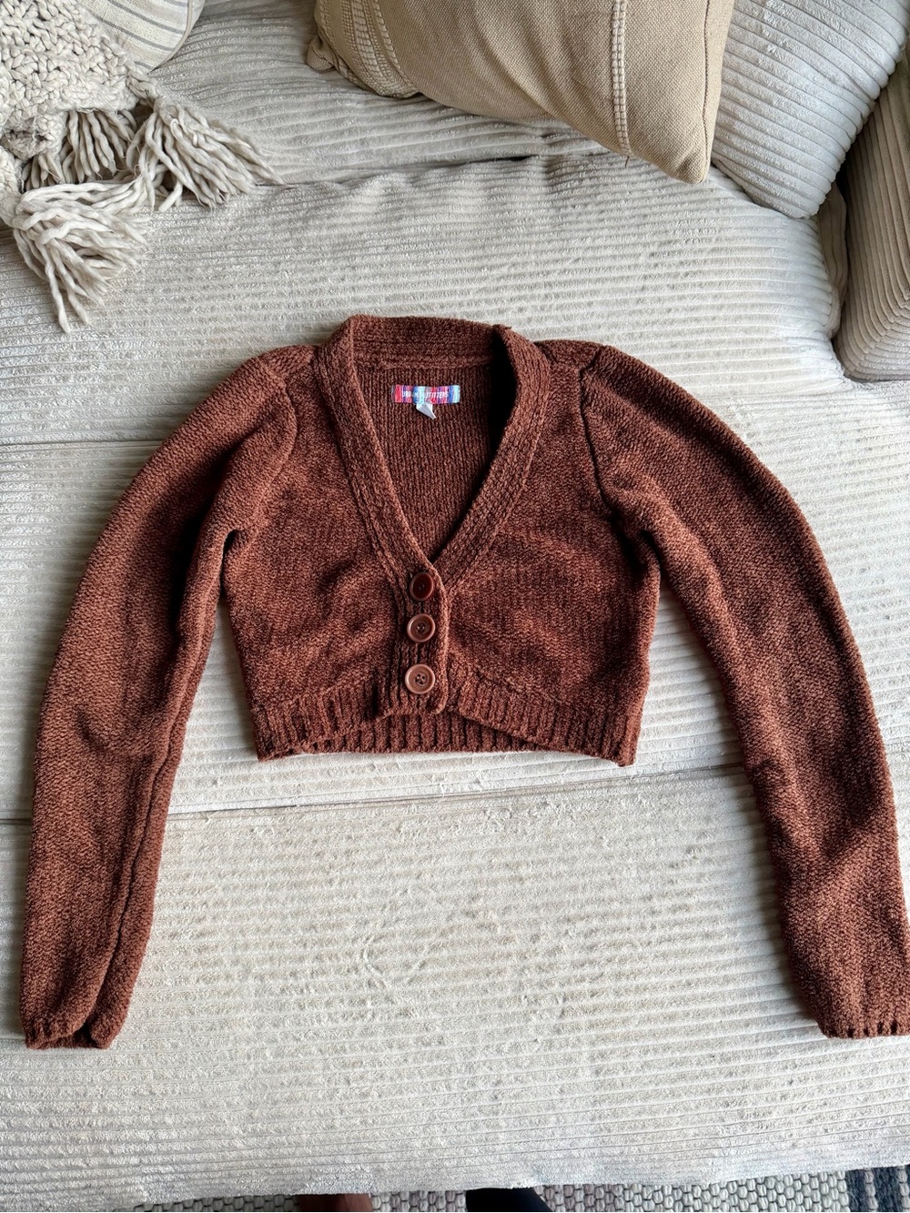 Urban Outfitters Cropped Button-Front Brown V-Neck Cardigan